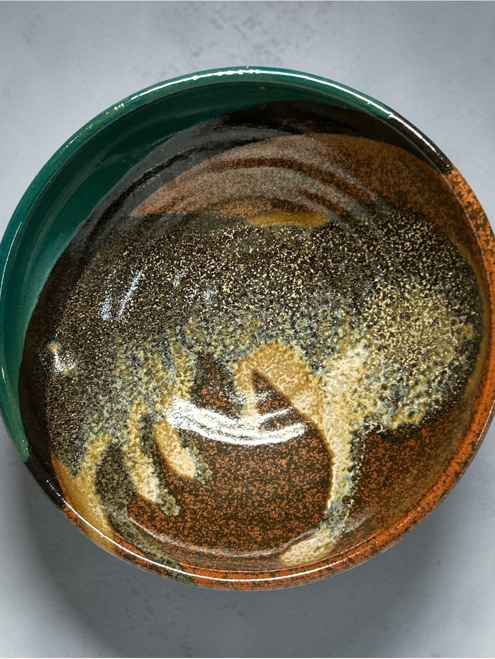 Handcrafted Glazed Ceramic Trinket Bowl - Earthy Green & Rust